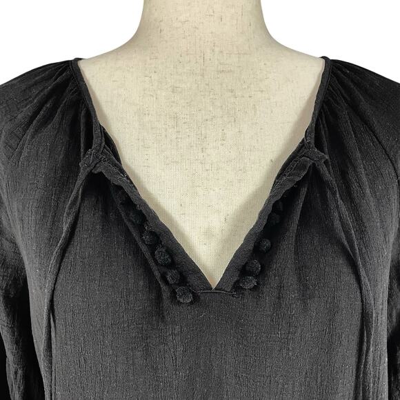 JOHNNY WAS Calme Black Gauze Cotton Tassel 3/4-Sleeve Peasant Blouse Size M - Picture 2 of 8
